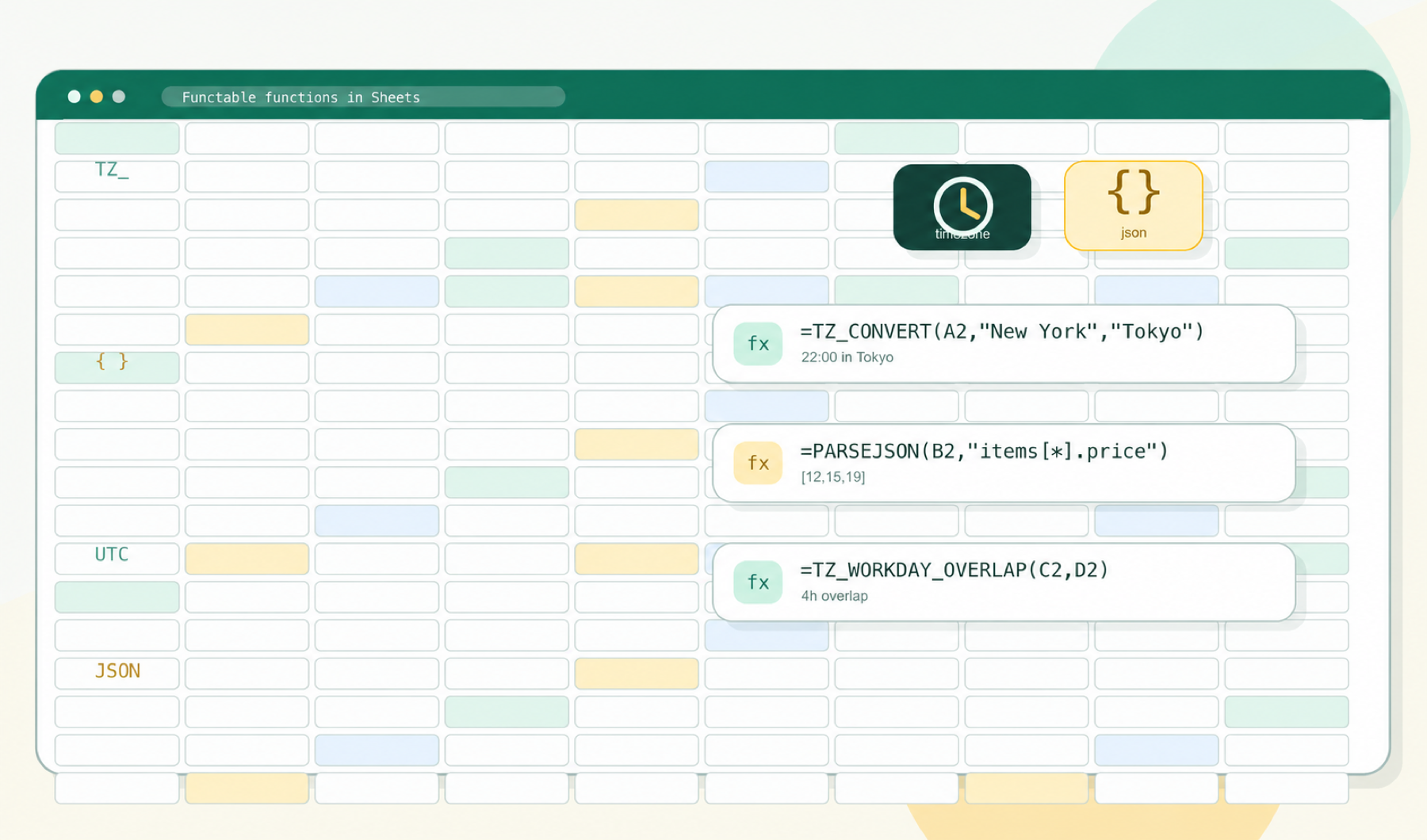 Spreadsheet mockup showing Functable formula functions